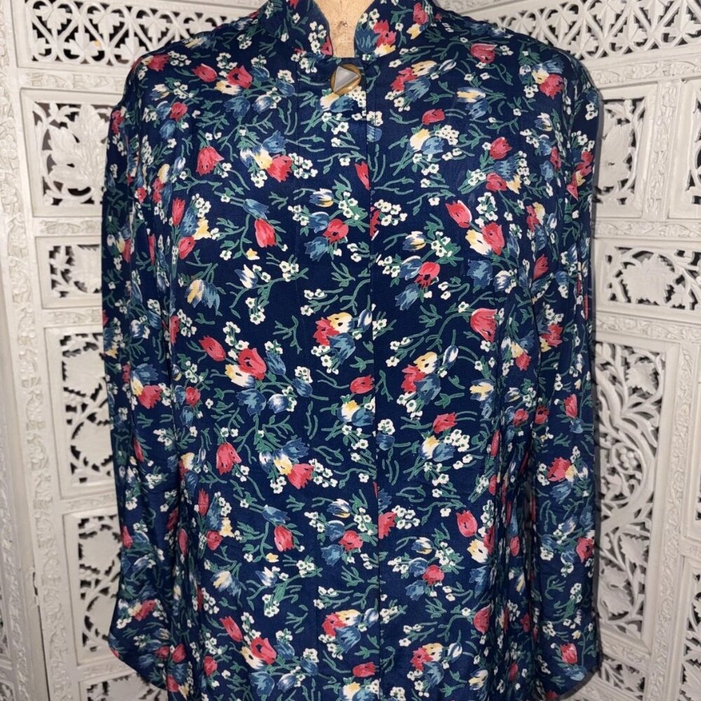 Vintage Floral Navy Blouse with Nehru Collar